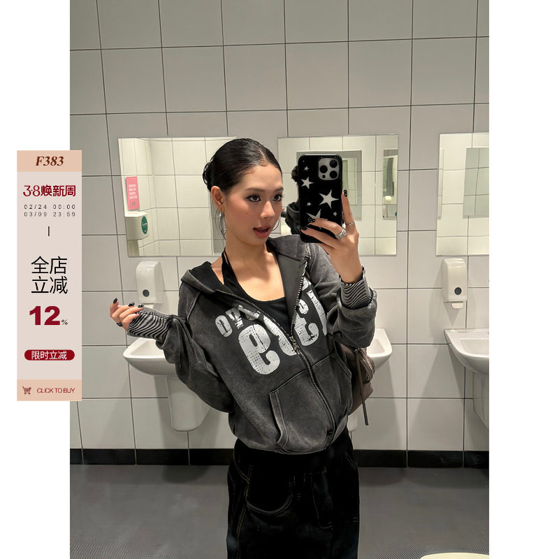 F383 美式复古水洗设计字母印花拉链连帽卫衣女宽松休闲百搭上衣