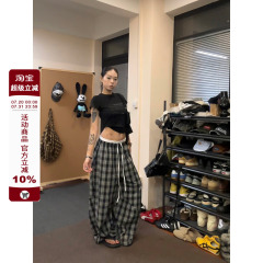 F383 美式复古慵懒风百搭格子裤男女爵士舞双腰头拼接宽松阔腿裤