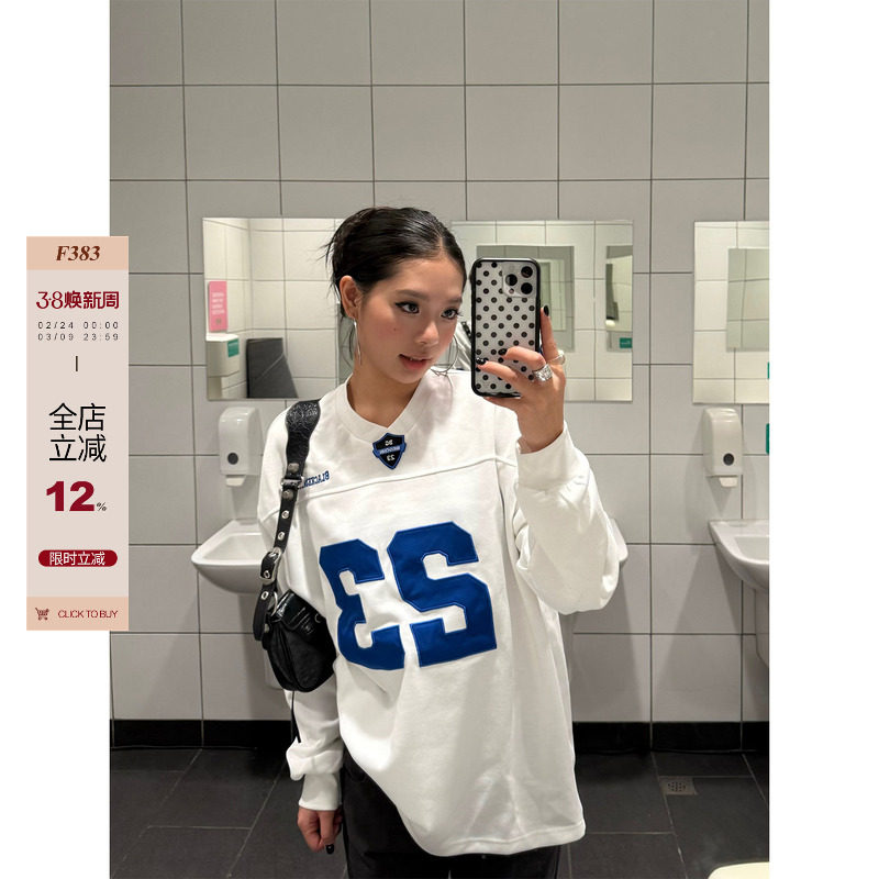 F383 美式复古重磅数字印花运动风长袖T恤男女宽松休闲百搭上衣潮