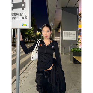 F383 美式复古袖边字母印花连帽长袖T恤新款辣妹修身显瘦罩衫上衣