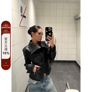 显瘦百搭皮革夹克短外套女ins 复古拼接翻领斜边拉链修身 F383 美式