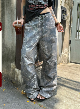 F383 美式复古高街树纹迷彩工装裤男女宽松阔腿休闲百搭伞兵长裤