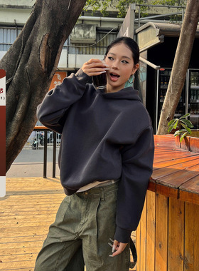 F383 2026美式重磅纯色简约设计连帽卫衣复古cleanfit短款帽衫潮