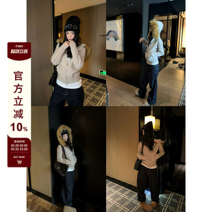 F383 美式复古慵懒麻花毛领连帽针织毛衣开衫修身显瘦保暖上衣ins