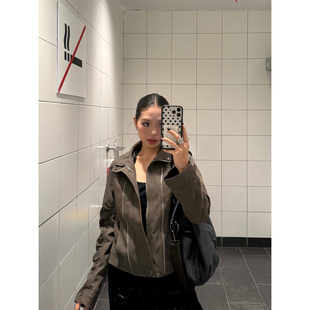 朋克机车皮衣外套水洗做旧褶皱拉链夹克ins 复古立领短款 F383 美式