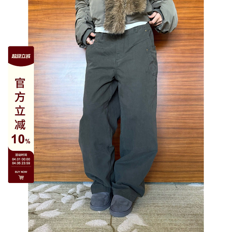 F383 美式复古水洗做旧直筒工装裤男女宽松休闲阔腿简约百搭长裤