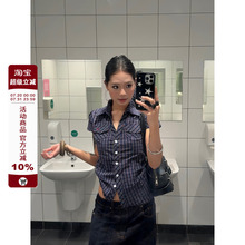 F383 美式复古格子正肩短袖衬衫女夏季百搭休闲掐腰修身显瘦上衣