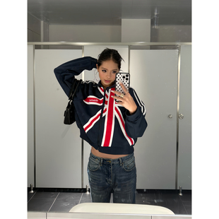 卫衣男女宽松休闲百搭外套 复古设计感拼接撞色立领开衫 F383 美式