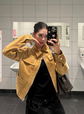 F383 美式复古棕色开衫翻领拉链外套女高级质感百搭短款长袖上衣