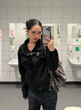 F383 美式复古潮牌麂皮工装立领绑带夹克短款设计感宽松休闲外套