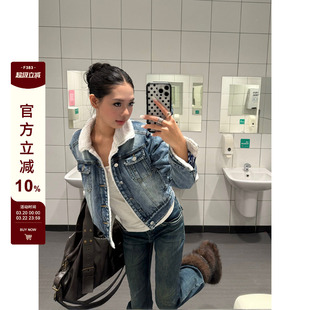 F383 美式复古羊羔绒牛仔夹克棉服男女短款加厚保暖翻领棉衣外套