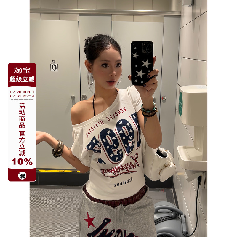 F383 2025美式复古星星印花斜肩休闲辣妹短袖设计感显瘦上衣女ins