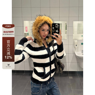 F383 美式复古黑白条纹毛领连帽毛衣外套修身显瘦高级慵懒上衣ins