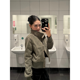 F383 美式复古短款立领修身百搭夹克女收腰显瘦设计感高领外套ins