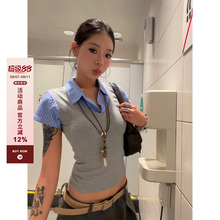 F383 2025美式复古假两件衬衫拼接短袖上衣修身休闲辣妹衬衣女ins