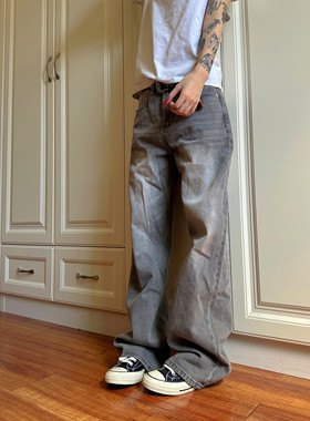 F383 2024美式复古烟灰色牛仔裤男女宽松直筒水洗设计vintage裤子