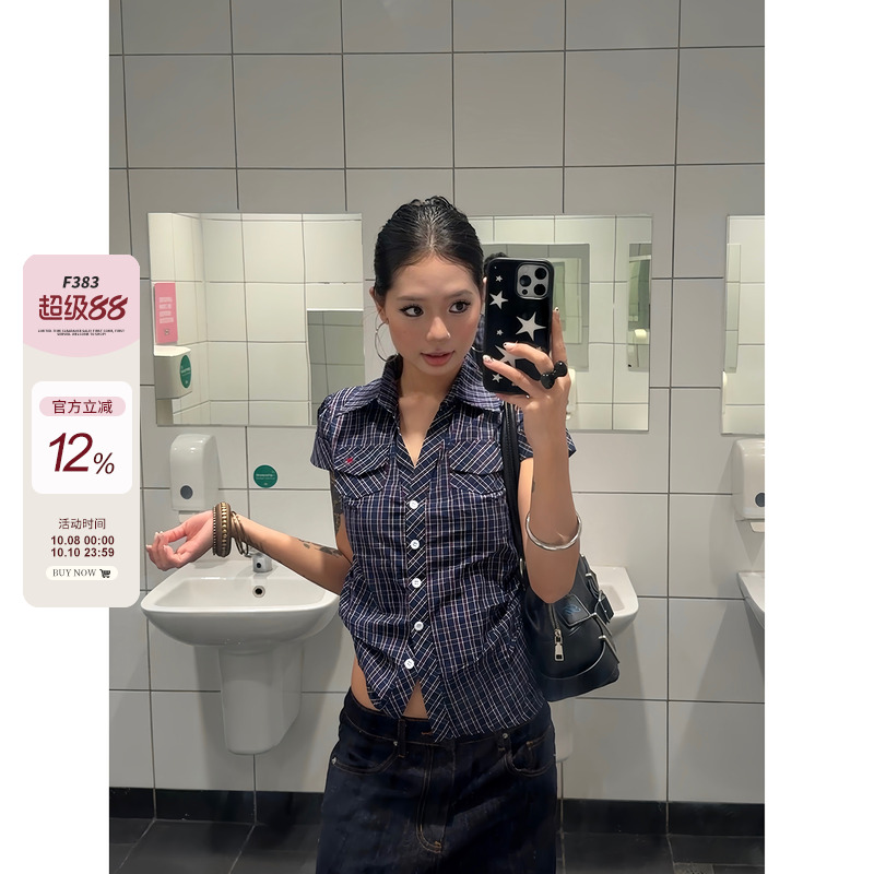 F383美式复古格子正肩短袖衬衫