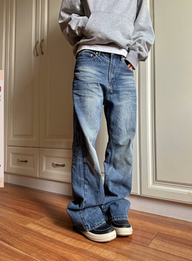 F383 2025美式渐变水洗蓝磨白牛仔长裤复古修身直筒显瘦百搭男女