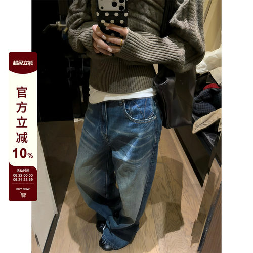 F383猫须水洗蓝磨白牛仔裤