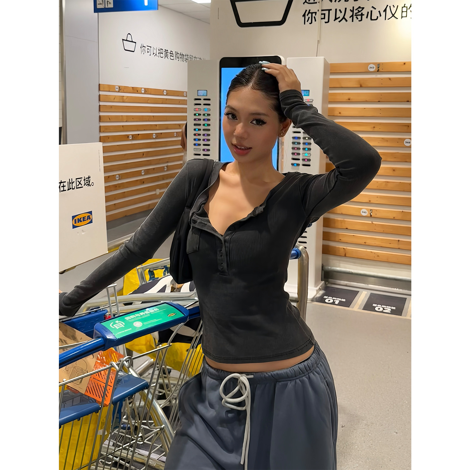 FFR辣妹亨利领做旧长袖T恤上衣