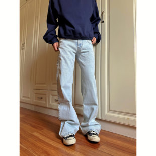 F383 2026美式复古vintage蓝牛仔裤低腰水洗修身直筒长裤男女ins