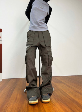 F383 2023AW国潮原创美式设计感拉链口袋工装直筒微喇休闲裤男女