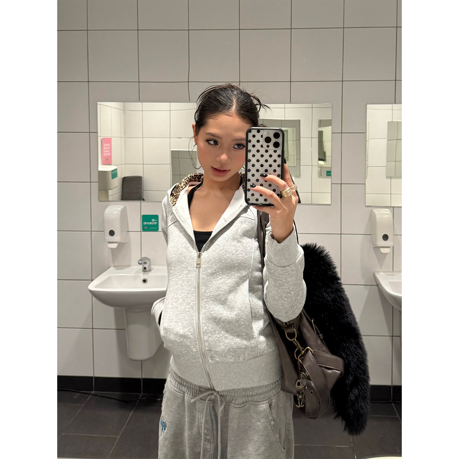 F383 美式复古豹纹拼接恶魔角连帽卫衣女设计感修身显瘦拉链外套