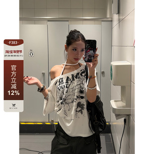 F383 美式复古斜肩蝴蝶结印花短袖T恤夏季慵懒休闲宽松上衣女ins