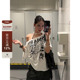 F383 慵懒休闲宽松上衣女ins T恤夏季 美式 复古斜肩蝴蝶结印花短袖
