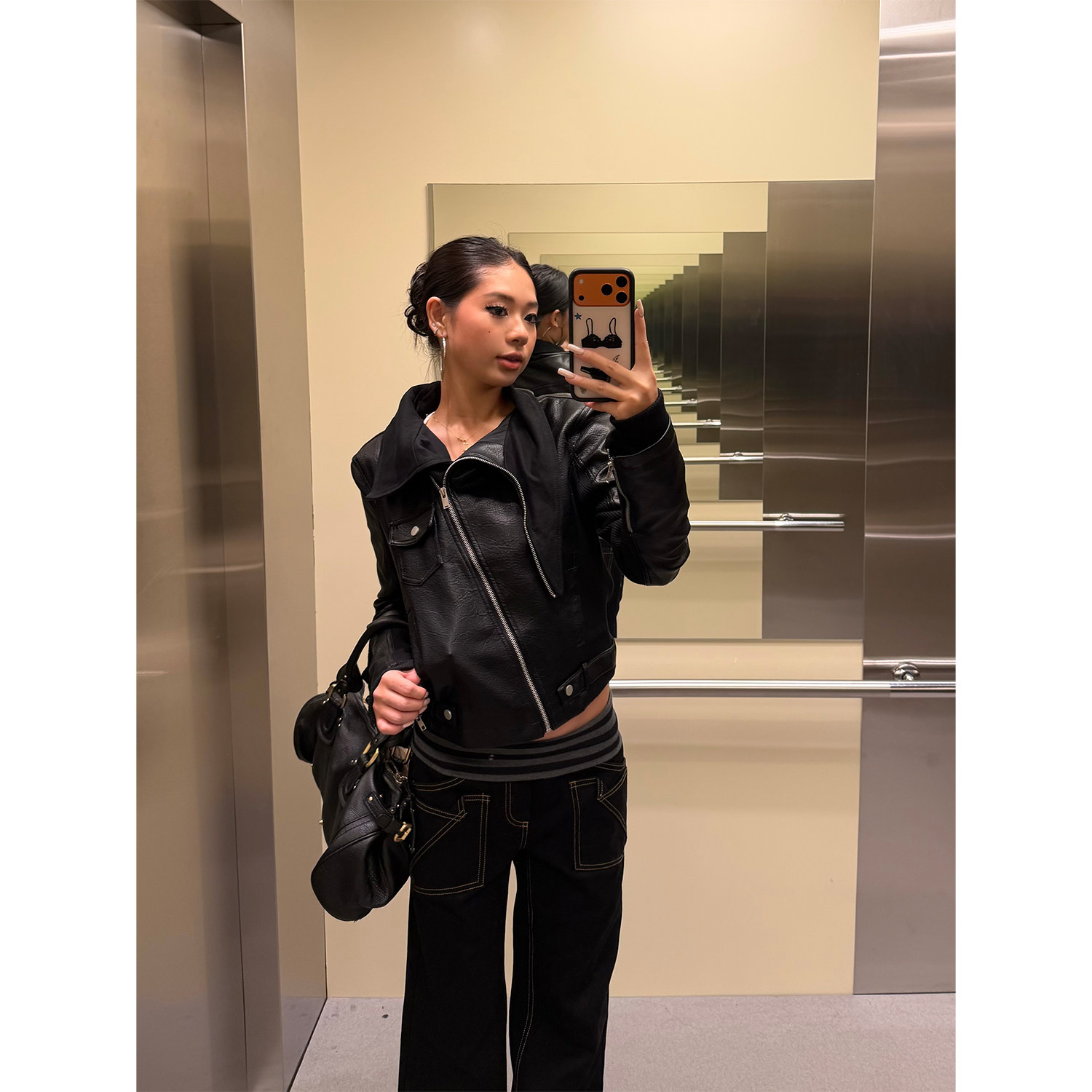 FFR 美式复古轻亚解构设计翻领PU皮衣外套女小众短款显瘦机车夹克