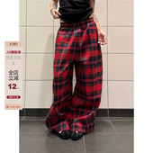 百搭阔腿拖地长裤 复古设计感拼色格子抽绳休闲裤 男女ins 美式 F383