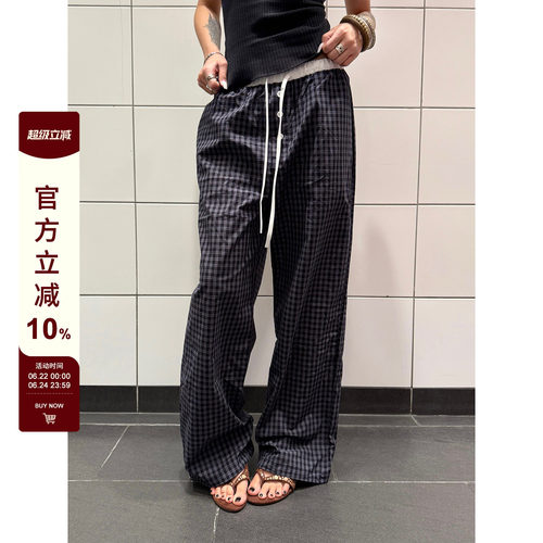 F383撞色格子双腰头抽绳休闲裤