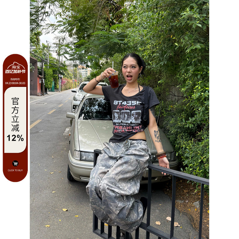 F383 美式复古做旧字母印花短袖T恤女街头设计感修身显瘦百搭上衣