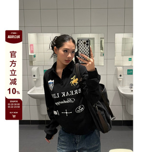 F383 美式复古翻领潮牌印花长袖POLO衫男女宽松街头风情侣T恤上衣