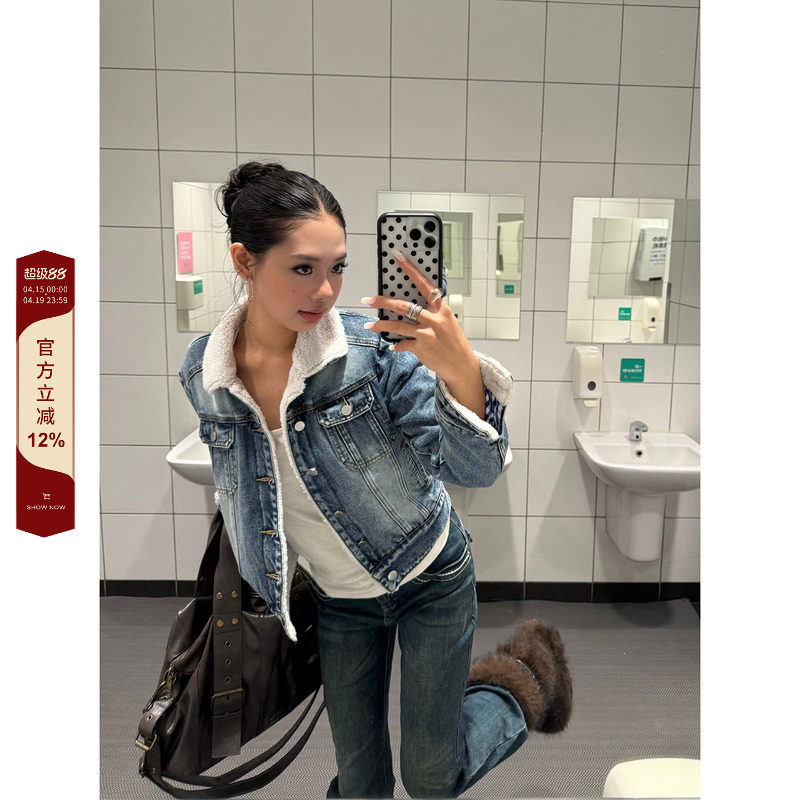 F383 美式复古羊羔绒牛仔夹克棉服男女短款加厚保暖翻领棉衣外套