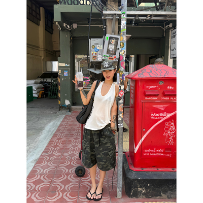 F383迷彩口袋字母印花五分裤