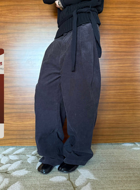 F383 美式复古灰色灯芯绒休闲裤男女宽松慵懒风高级感直筒长裤ins