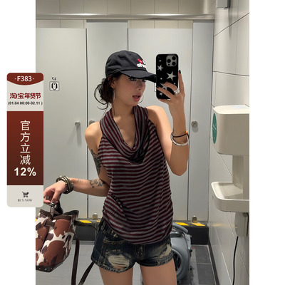 【F383】红色条纹挂脖吊带背心