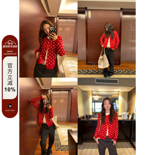 潮牌简约百搭修身 F383 女新款 复古波点针织开衫 显瘦毛衣外套 美式