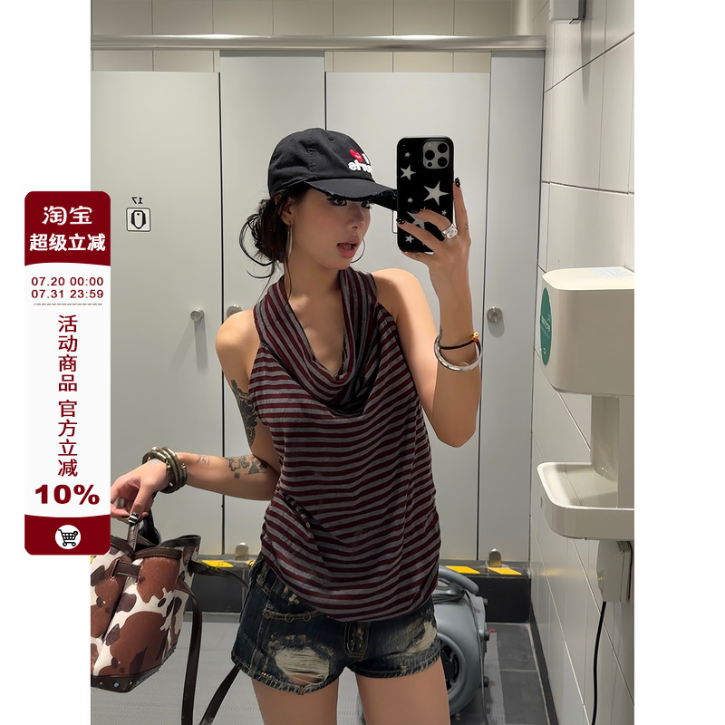 【F383】红色条纹挂脖吊带背心