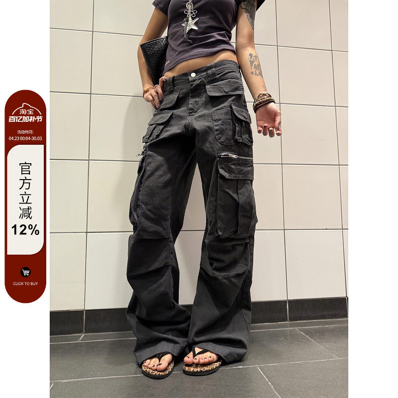 F383 2025美式复古多口袋设计工装裤宽松休闲直筒拖地长裤男女ins