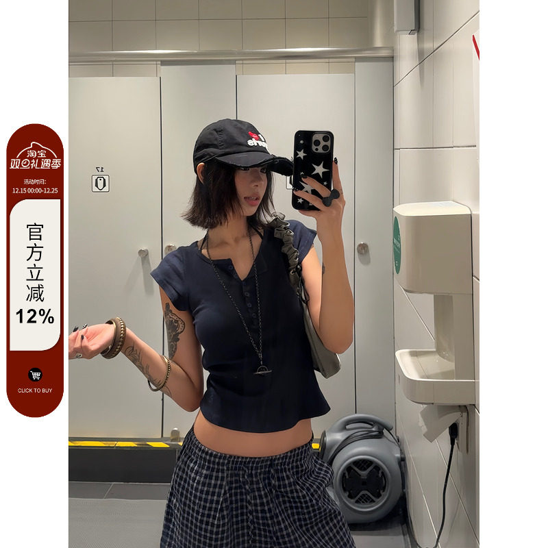 F383美式复古圆领半排扣短袖T恤