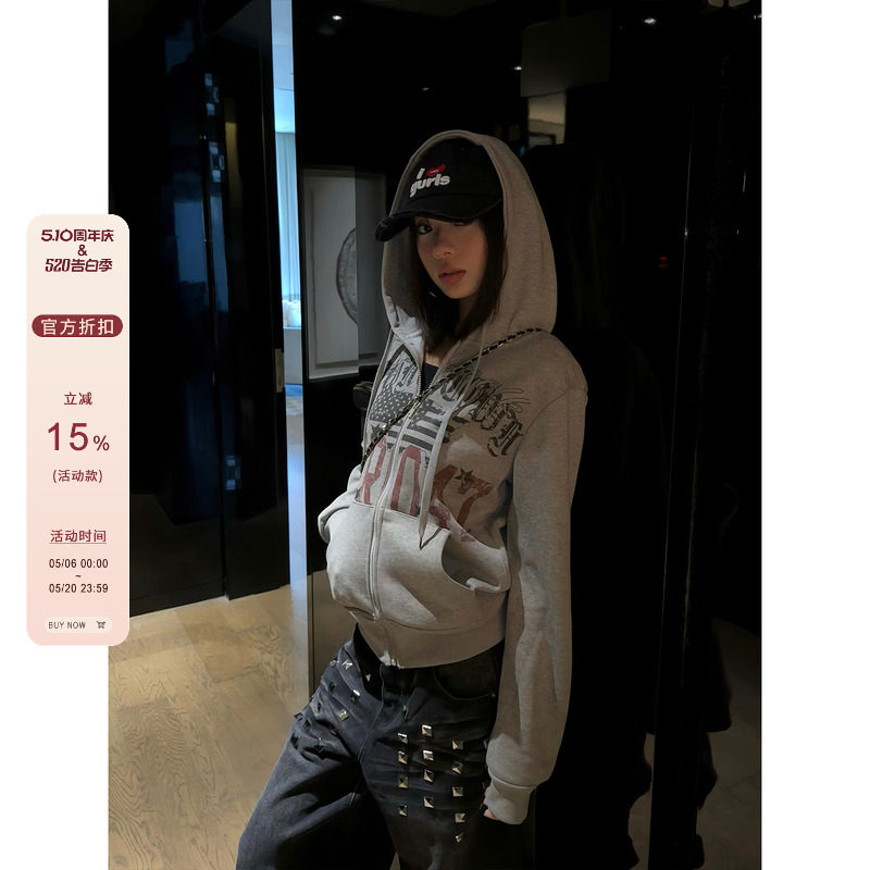F383 美式复古街头字母印花连帽卫衣男女加绒潮牌情侣帽衫外套ins