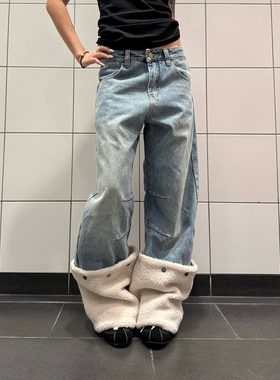 F383 美式复古可拆卸摇粒绒腿套牛仔裤男女加绒宽松阔腿弯刀长裤