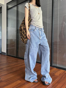 男女慵懒宽松裤 复古设计感排扣牛仔裤 子 2024AW国潮原创美式 F383