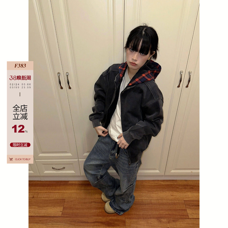 F383 2024国潮原创格子格纹拼接连帽假两件卫衣男女美式开衫外套