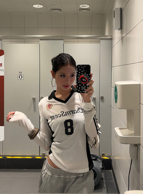 F383 美式复古运动球衣T恤字母印花撞色v领防晒长袖显瘦修身辣妹