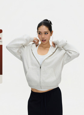 F833 美式复古cleanfit连帽卫衣纯色简约慵懒感拉链上衣外套女ins