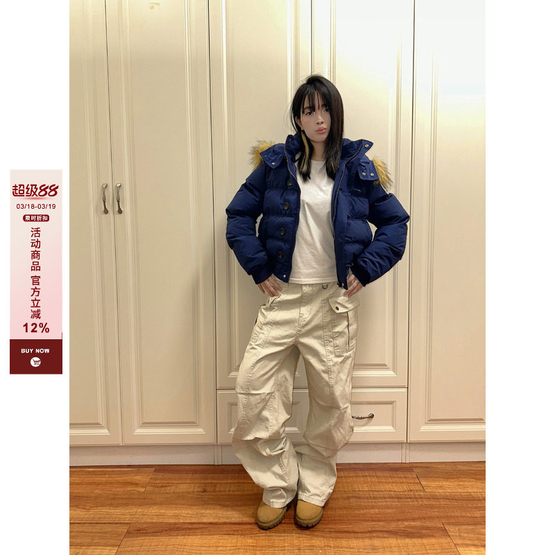 F383 2025美式毛领连帽短款百搭棉服外套冬季加厚保暖派克服男女