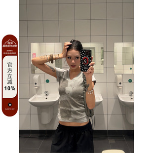 辣妹短款 F383 T恤女修身 复古小熊印花正肩短袖 百搭紧身上衣夏 美式